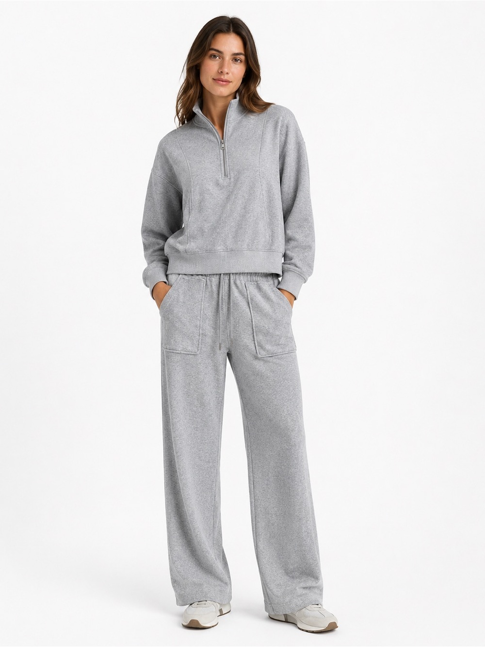 Central Park Gray Lounge Set Wide Leg Pants Half Zip Pullover Size L